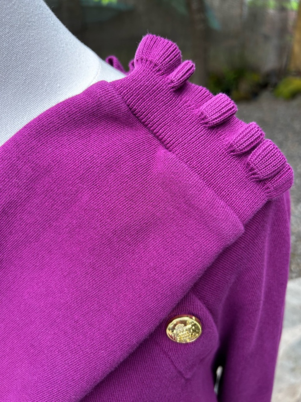 TALBOTS Purple Ruffle Neck Pullover with Gold Buttons - Picture 4 of 7